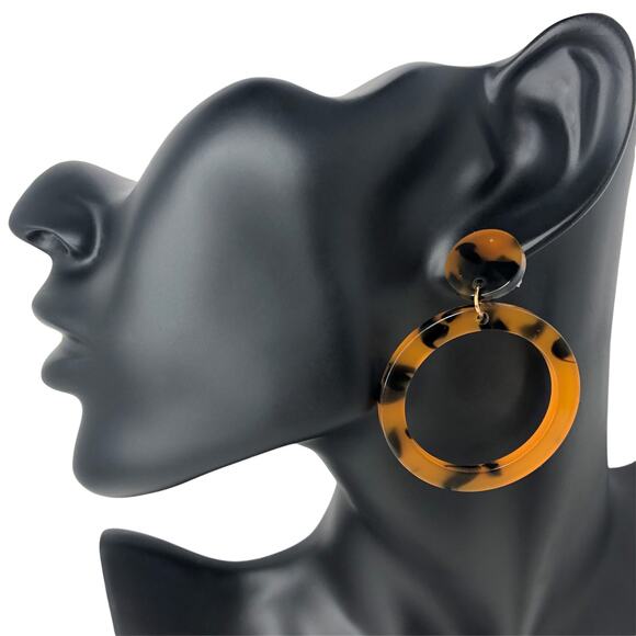 Yellow and Brown Tortoise Shell Round Hoop Drop Earrings - Picture 2 of 4